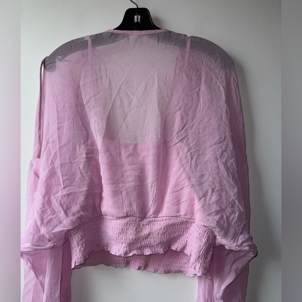 Anthropologie Pale Lilac Sheer Peasant Blouse with Smocked Waist - Picture 6 of 14